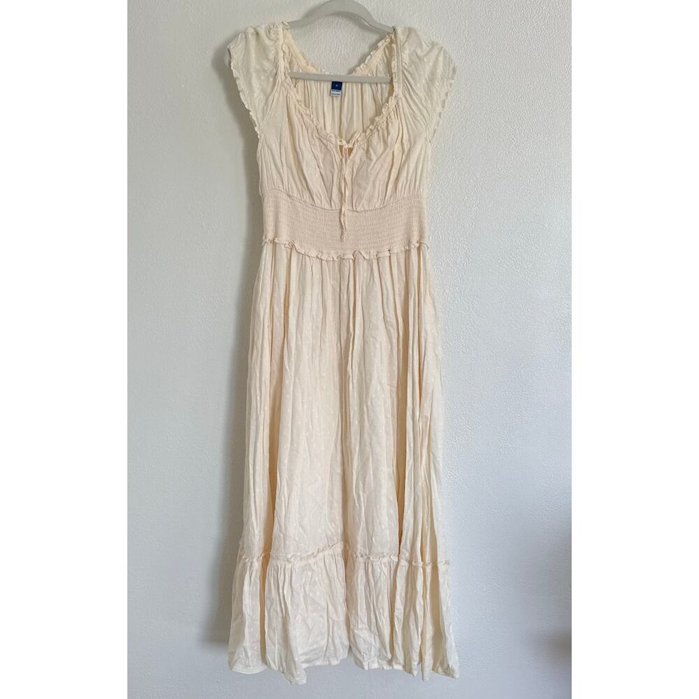 Old Navy Waist Defined Puff Sleeve Clip Dot Midi Dress Cream Ivory Boho Medium - Picture 2 of 10